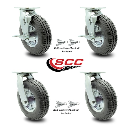 Service Caster 8 Inch Gray Pneumatic Wheel Caster Swivel with Swivel Locks 2 with Brakes, 4PK SCC-100S280-PNB-GRY-TLB-BSL-2-BSL-2